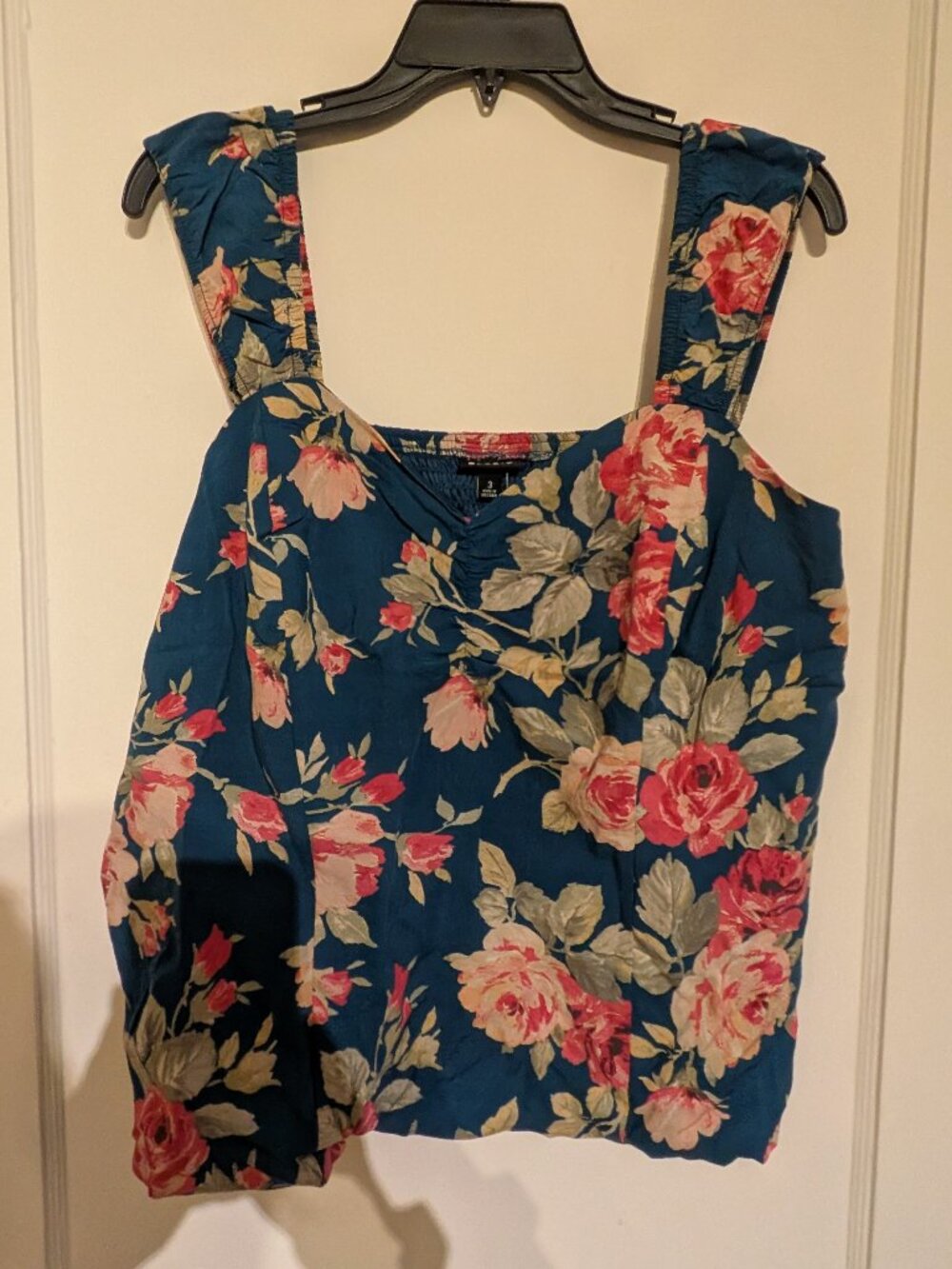 Blue floral challis smocked top, Torrid size 3. Sleeveless, plus size